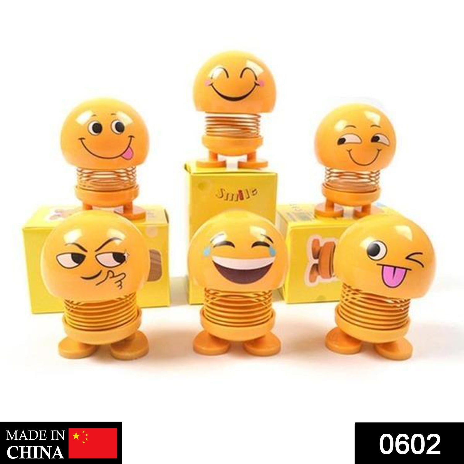 Spring doll with smiling face emoticon, smiling face spring doll, car dashboard bobblehead toy, emoji figure doll, shaking head doll for desk, cute emoticon car decor, bobblehead car toy