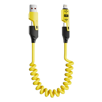 4 in 1 fast charging cable, 65W fast charging USB cable, coiled USB charging cable India, spring cable for fast charging, multi device charging cable 1.5m,