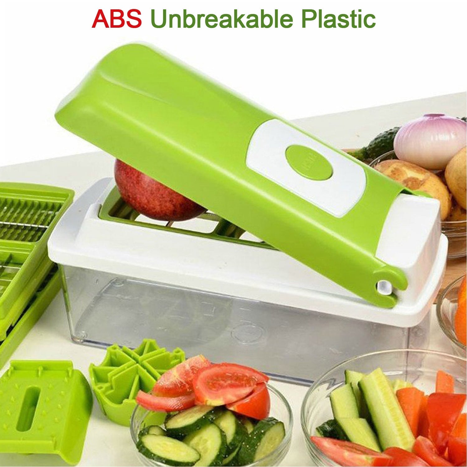 Manual 13-in-1 vegetable grater with different cutting surfaces. vegetable chopper, 13 in 1 chopper, multipurpose cutter, fruit slicer, kitchen grater, vegetable slicer set, kitchen tools combo, plastic chopper with container, stainless steel vegetable cutter, fruit chopper