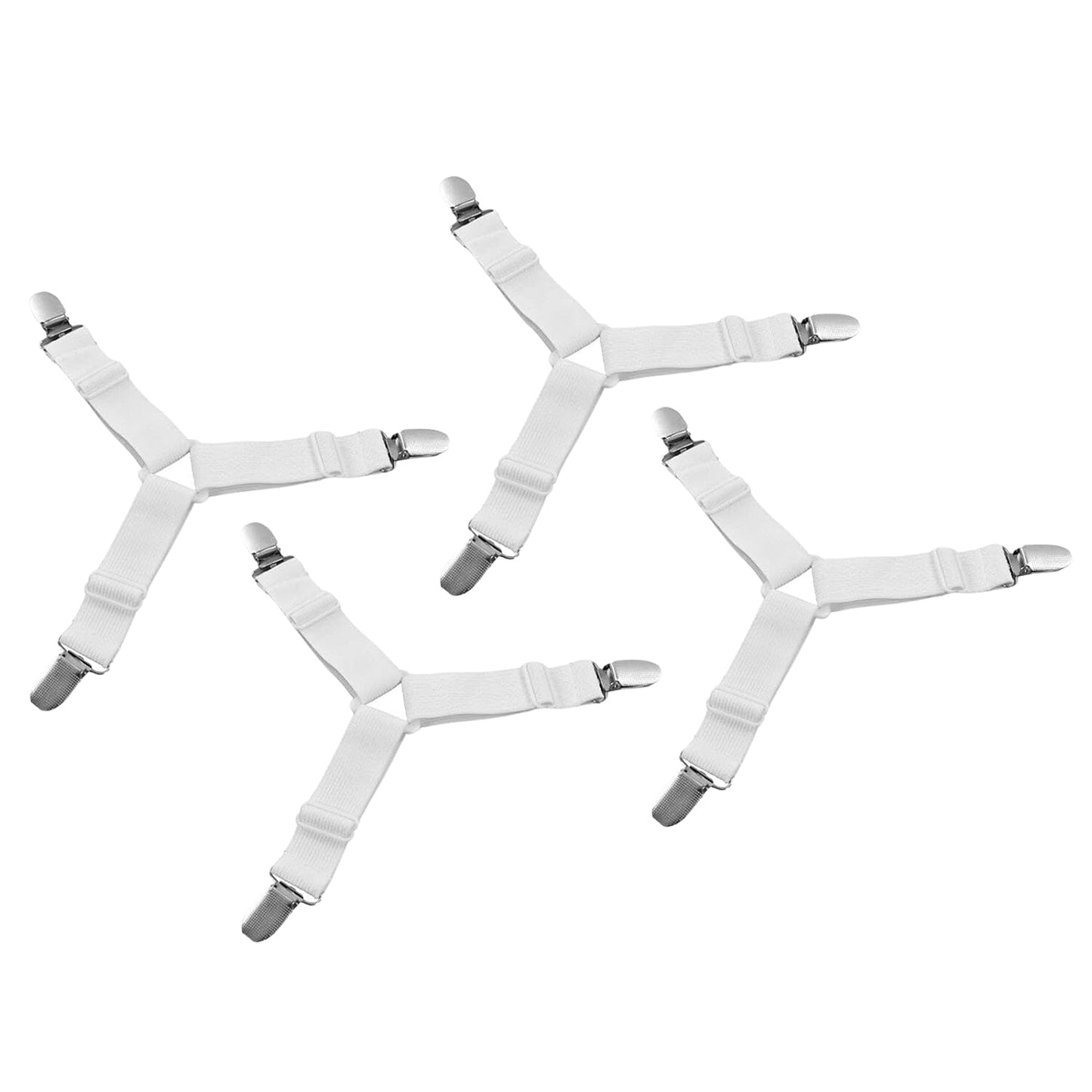 adjustable triangle elastic sheet suspenders 4 pc set, bed sheet clips to hold sheets in place, elastic bed suspenders for wrinkle-free sheets, triangle bed sheet grippers for corners,