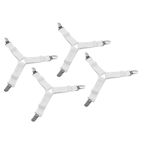 adjustable triangle elastic sheet suspenders 4 pc set, bed sheet clips to hold sheets in place, elastic bed suspenders for wrinkle-free sheets, triangle bed sheet grippers for corners,