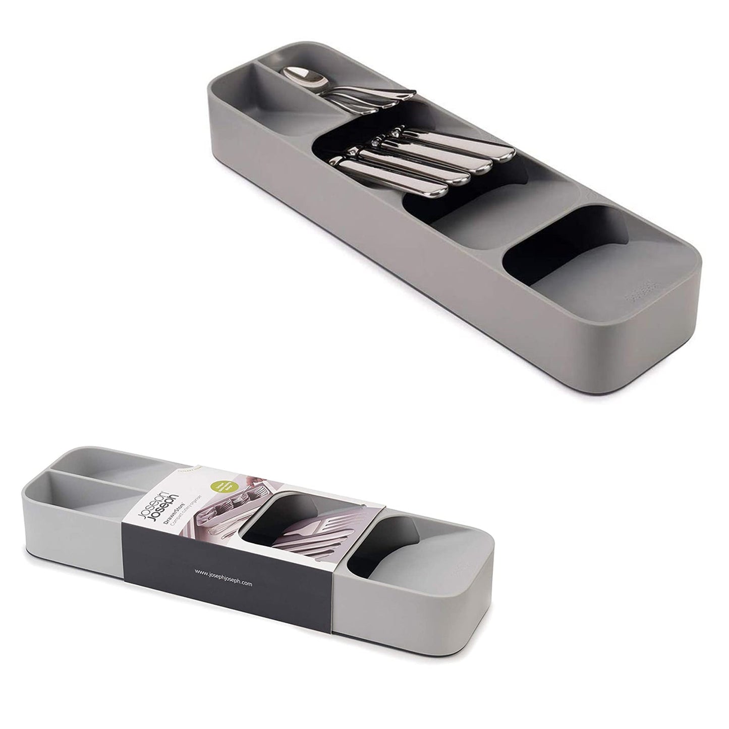 View of a cutlery tray box with utensils arranged inside, cutlery tray box, kitchen drawer organizer, plastic cutlery organizer, spoon fork knife holder, compact cutlery storage, modular kitchen tray, utensil tray