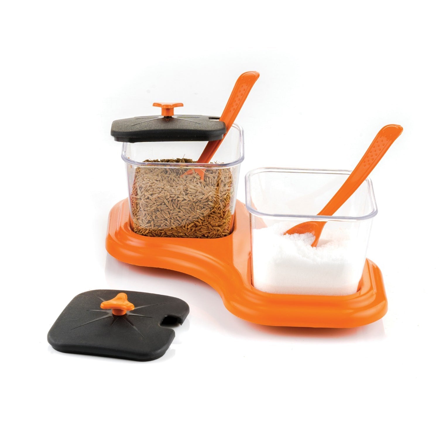 best dining table stand pickle jar spice tray set in India, virgin plastic kitchen storage containers for pickles and chutneys, multipurpose dining table condiment serving jars with spoons, plastic spice jars with lids for masala and achar storage, dining table salt and pepper jar set with tray,