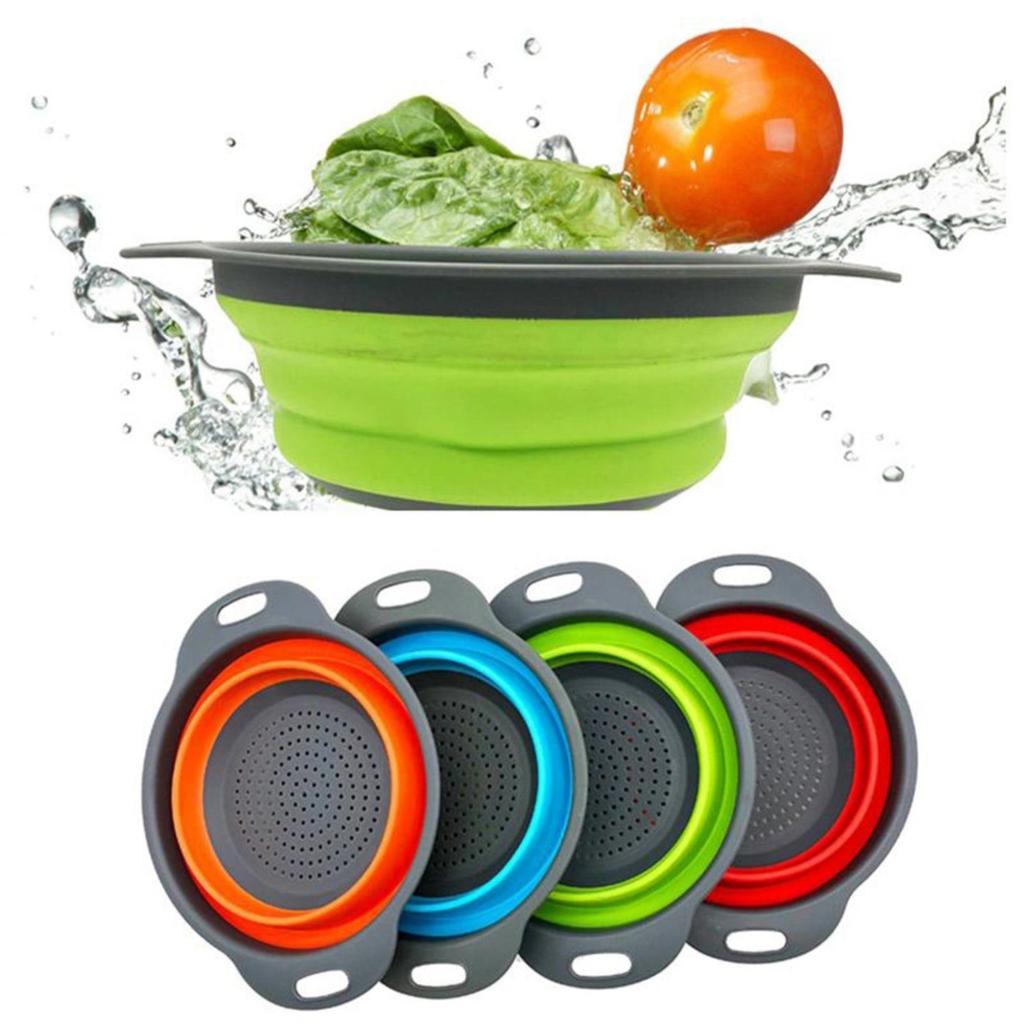 foldable silicone strainer, round kitchen strainer, portable colander, collapsible strainer, silicone fruit washer, vegetable rinser, compact kitchen tool