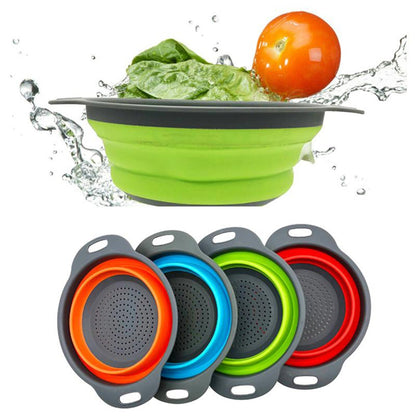 foldable silicone strainer, round kitchen strainer, portable colander, collapsible strainer, silicone fruit washer, vegetable rinser, compact kitchen tool
