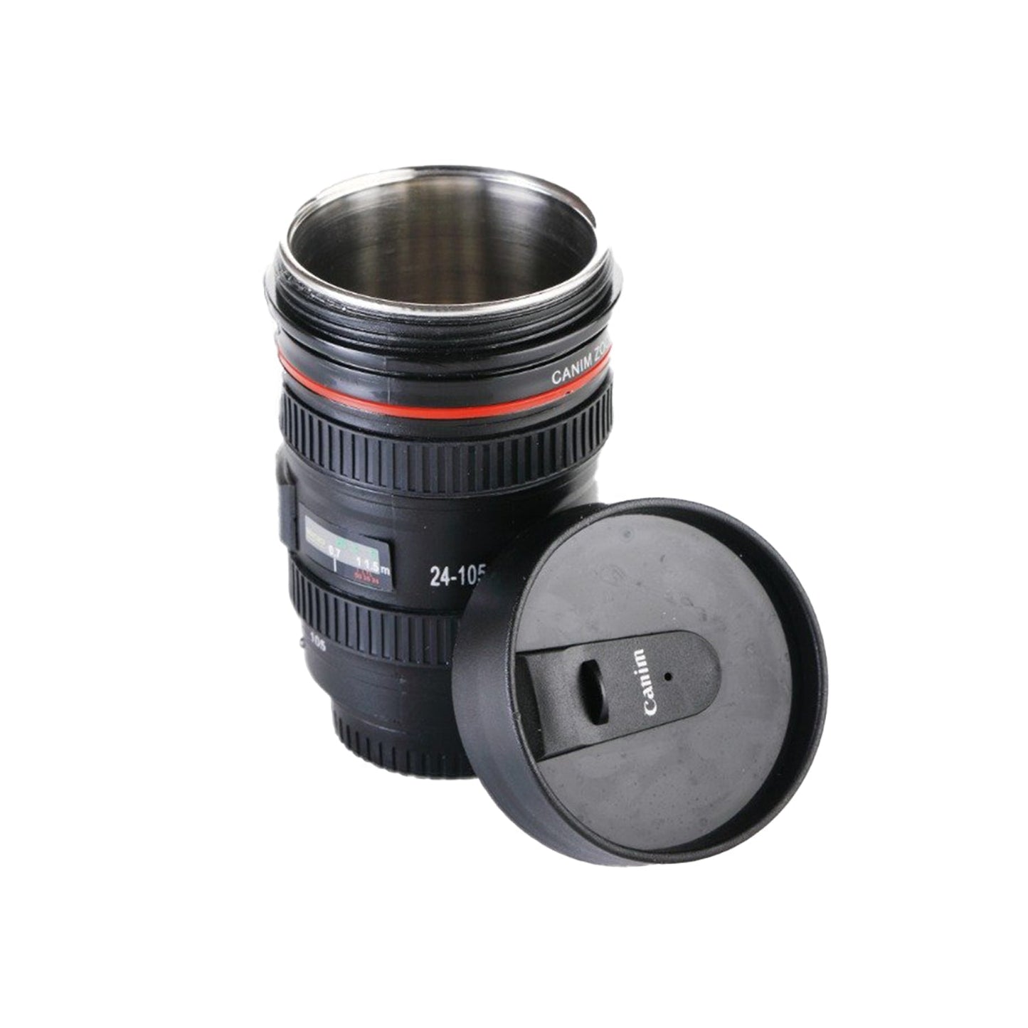 Camera lens shaped mug with lid, perfect for beverages. camera lens coffee mug, photography mug, DSLR coffee cup, camera lens shaped mug, quirky coffee mug, travel mug with lid, 350ml stainless steel mug, coffee mug for photographers, plastic camera mug