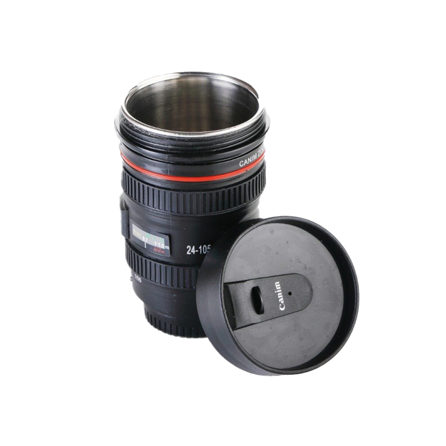 Camera lens shaped mug with lid, perfect for beverages. camera lens coffee mug, photography mug, DSLR coffee cup, camera lens shaped mug, quirky coffee mug, travel mug with lid, 350ml stainless steel mug, coffee mug for photographers, plastic camera mug