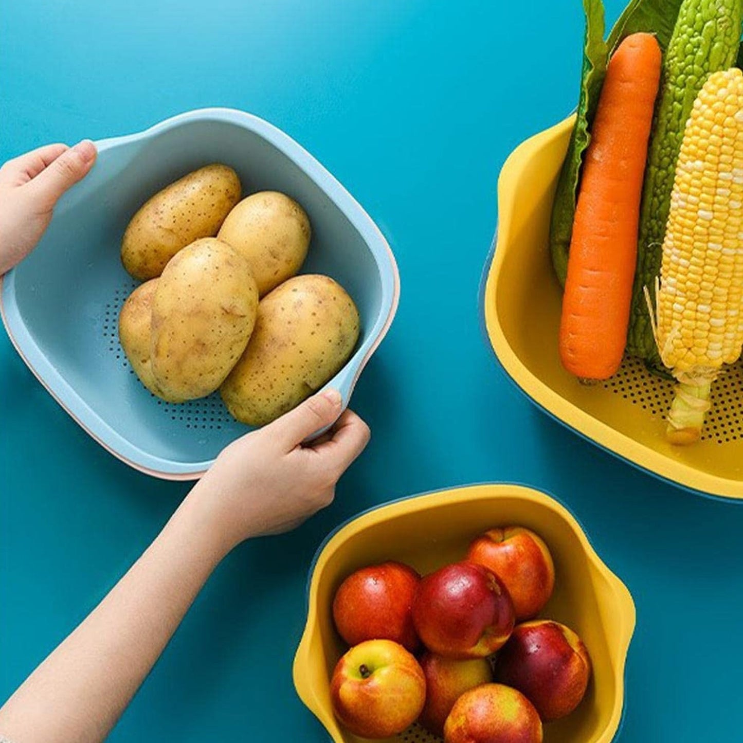 kitchen washing bowl, strainer basket set, plastic drain bowl, 2 pcs kitchen bowl, kitchen colander basket, vegetable strainer, rice washing bowl, fruit rinsing basket