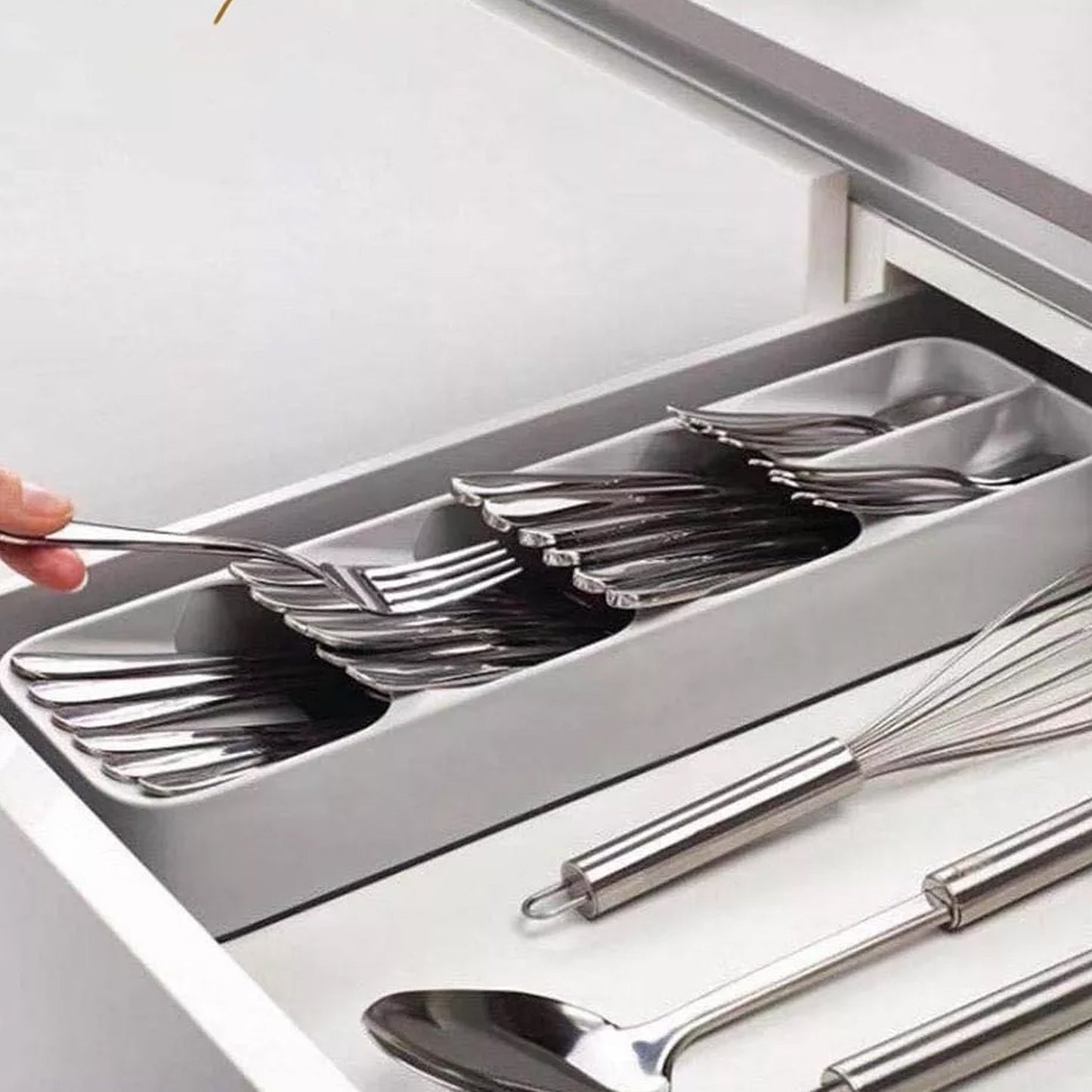 Cutlery tray box neatly arranged with different utensil types, cutlery tray box, kitchen drawer organizer, plastic cutlery organizer, spoon fork knife holder, compact cutlery storage, modular kitchen tray, utensil tray