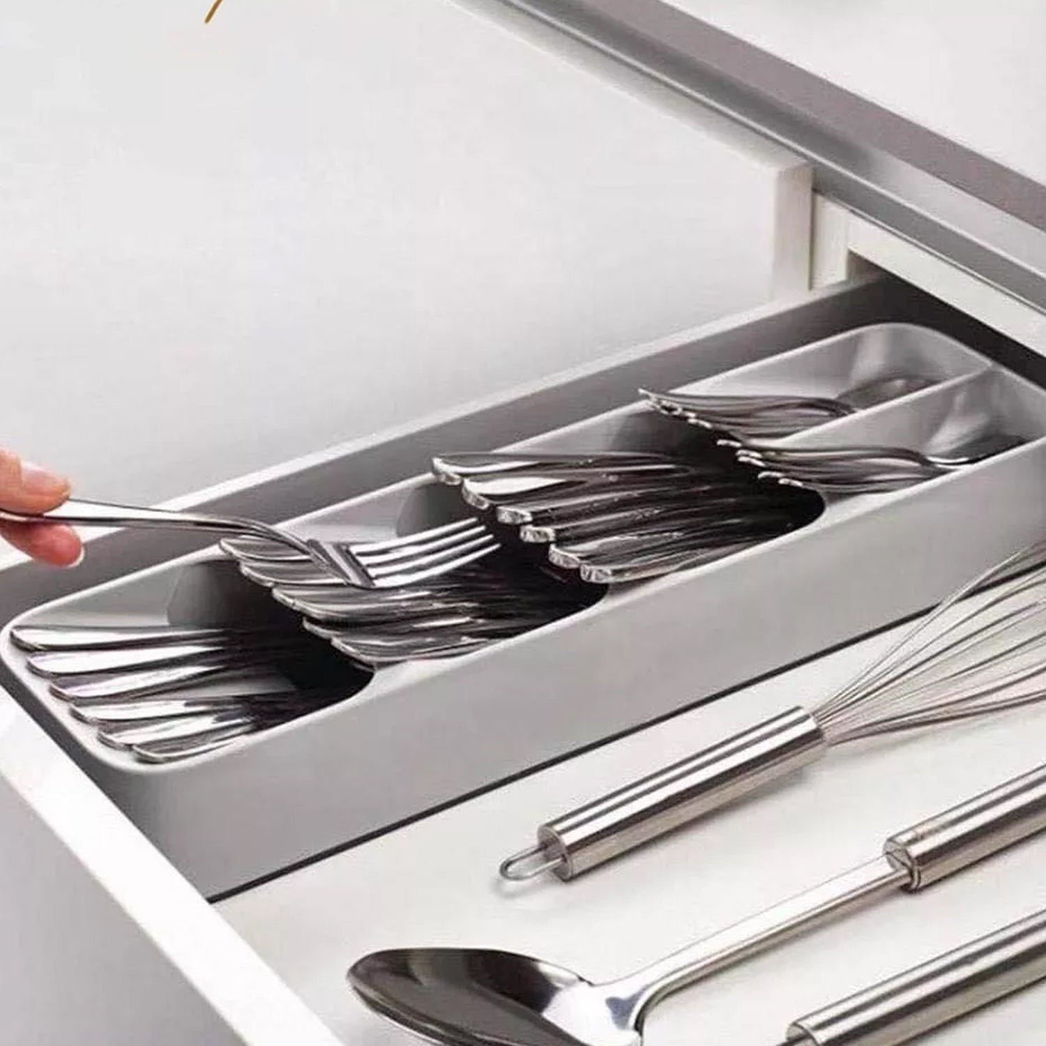 Cutlery tray box neatly arranged with different utensil types, cutlery tray box, kitchen drawer organizer, plastic cutlery organizer, spoon fork knife holder, compact cutlery storage, modular kitchen tray, utensil tray