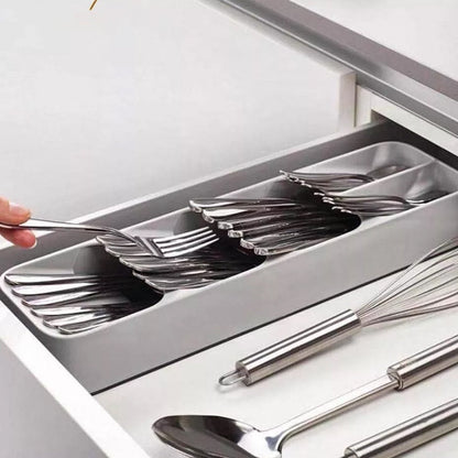 Cutlery tray box neatly arranged with different utensil types, cutlery tray box, kitchen drawer organizer, plastic cutlery organizer, spoon fork knife holder, compact cutlery storage, modular kitchen tray, utensil tray