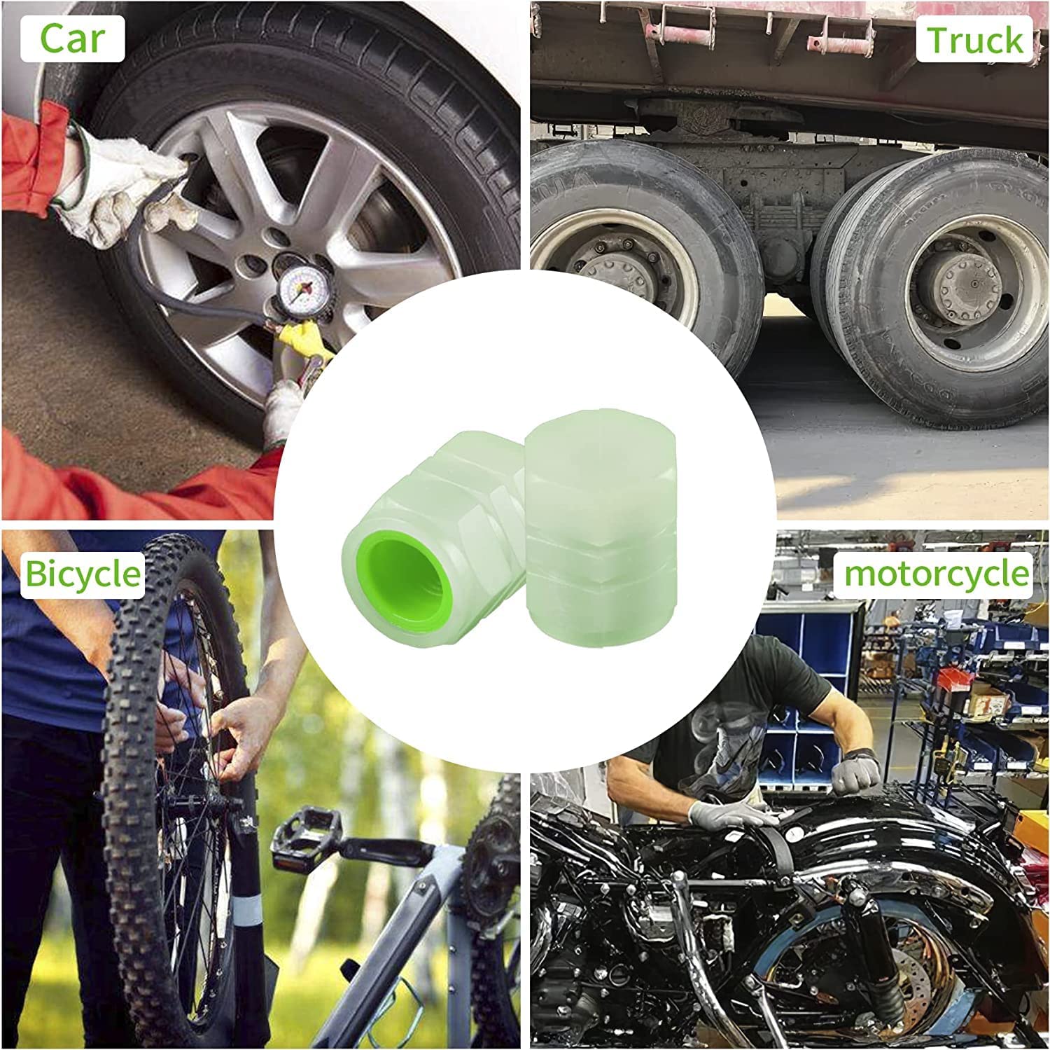 luminous glow tyre valve caps 4 pcs mix colour, glow-in-dark valve stem caps for car bike, fluorescent ABS valve caps universal fit