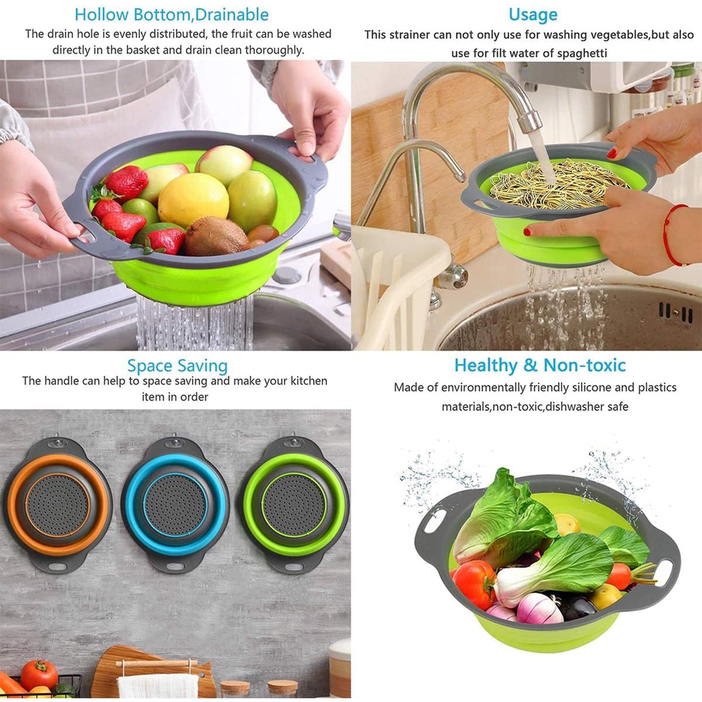 foldable silicone strainer, round kitchen strainer, portable colander, collapsible strainer, silicone fruit washer, vegetable rinser, compact kitchen tool