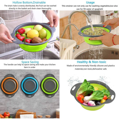 foldable silicone strainer, round kitchen strainer, portable colander, collapsible strainer, silicone fruit washer, vegetable rinser, compact kitchen tool