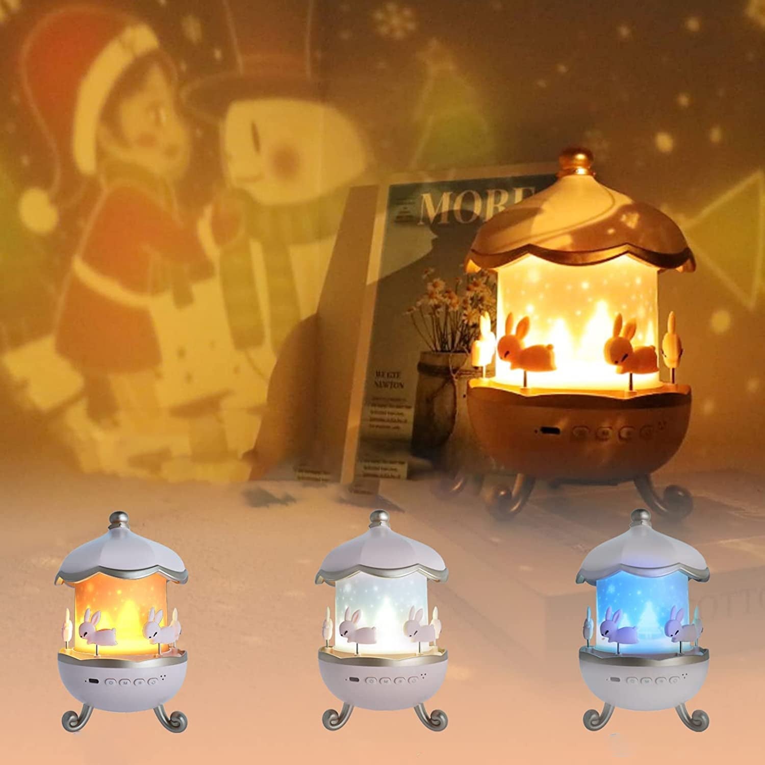 kids night light with stars and sound, best night lamp for nursery, bunny LED light with rotating stars,