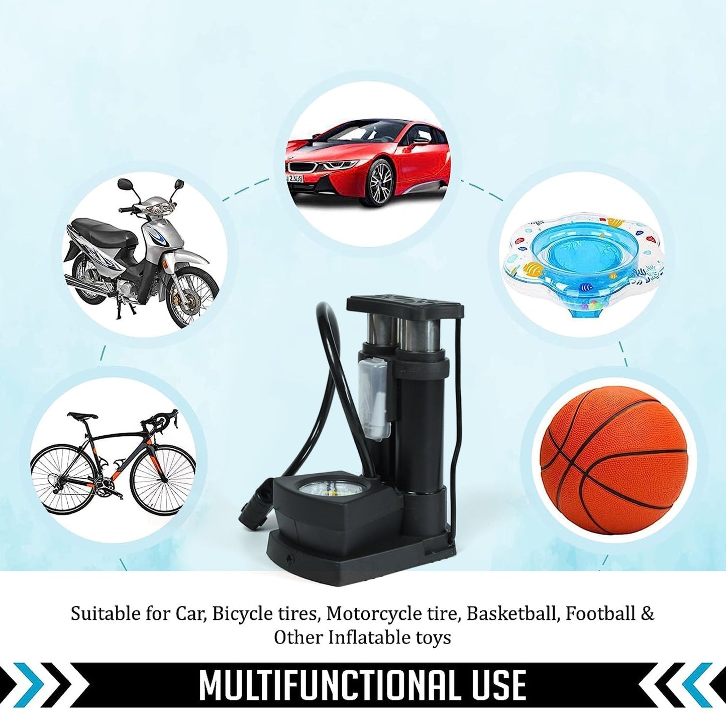 mini bike pump, portable air pump, foot operated bike pump, bicycle tire inflator, pump with pressure gauge, foldable bike pump, steel mini air pump, bike floor pump, emergency cycle pump, mini pump with hose