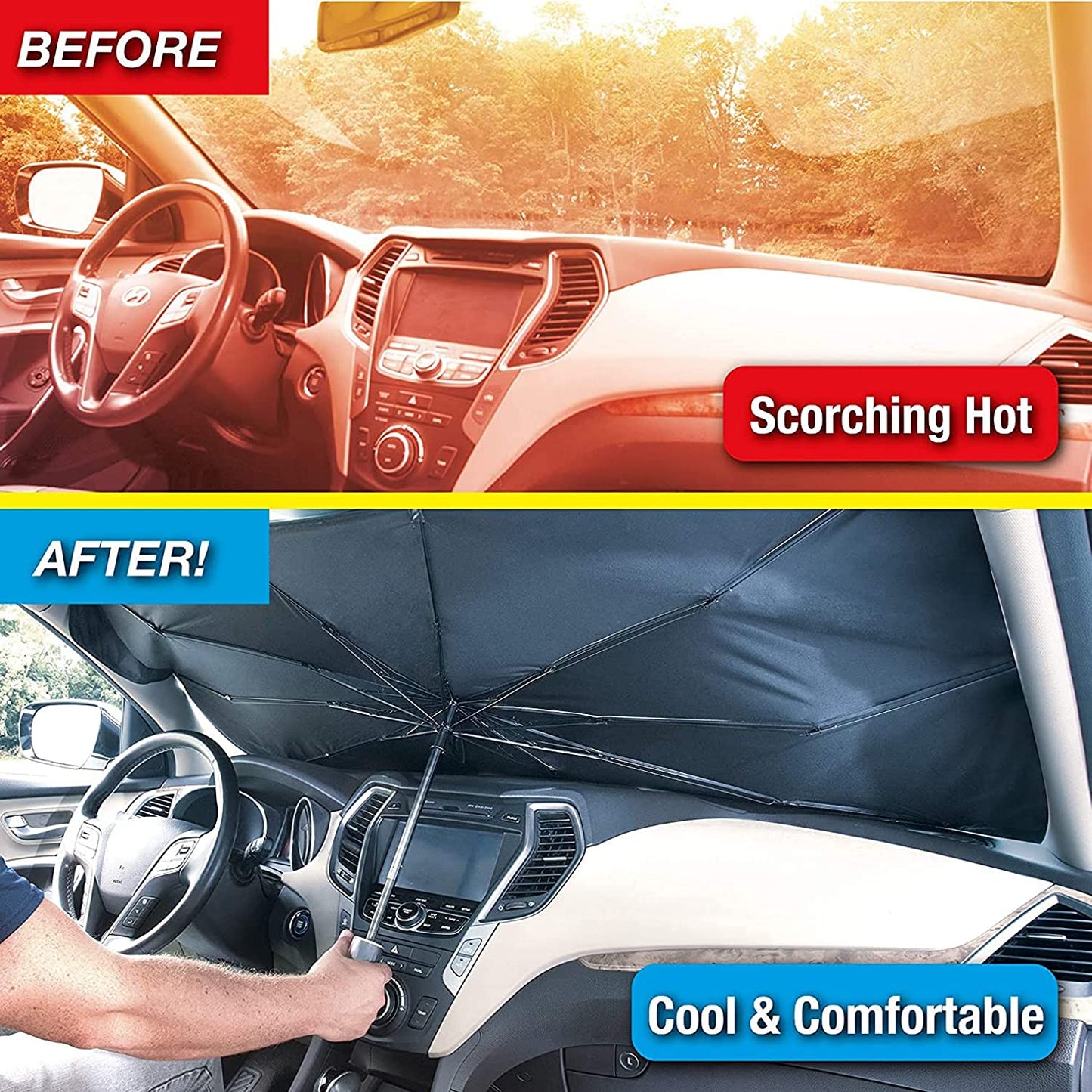 car windshield sunshade, foldable car umbrella, brellashade, car heat protection, UV blocker car shade, windshield umbrella, SUV sunshade, car interior protection