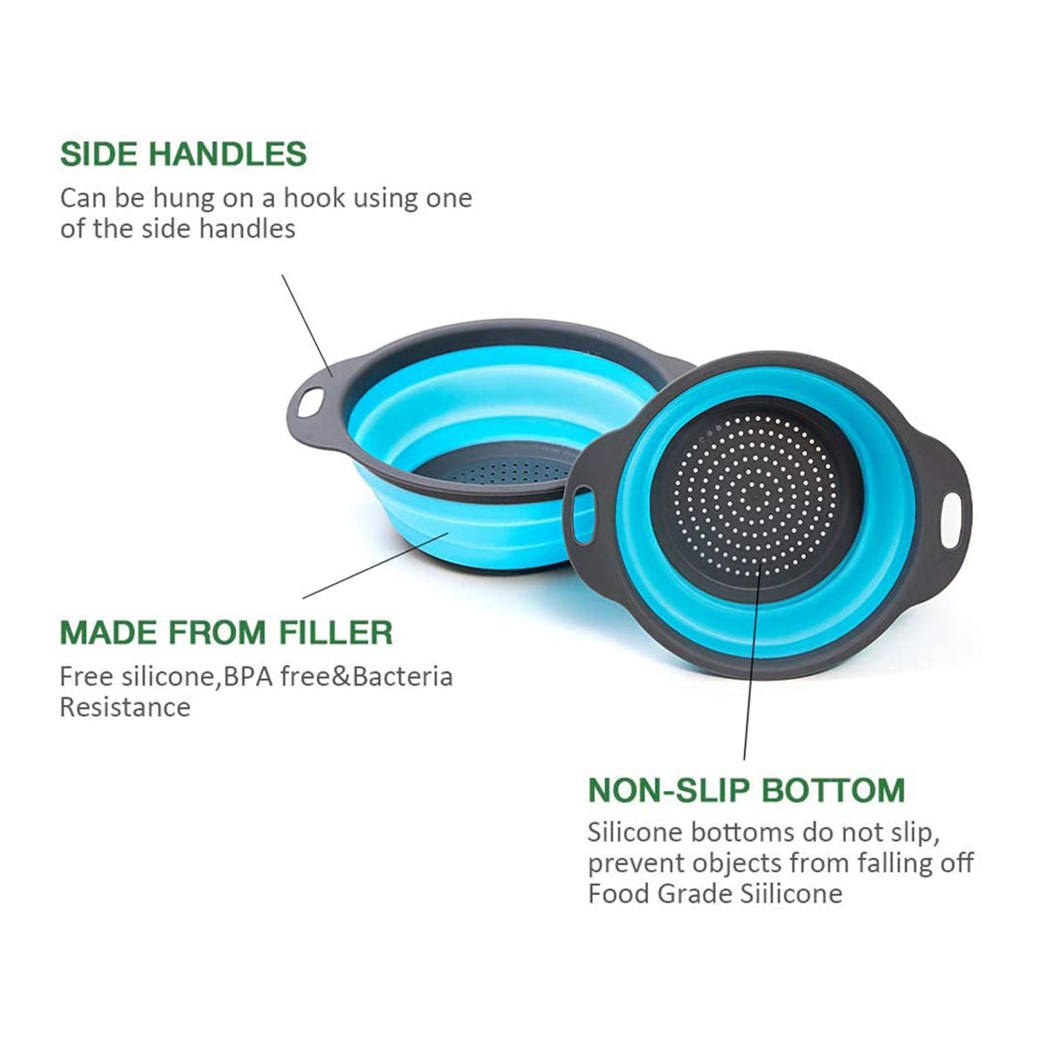foldable silicone strainer, round kitchen strainer, portable colander, collapsible strainer, silicone fruit washer, vegetable rinser, compact kitchen tool