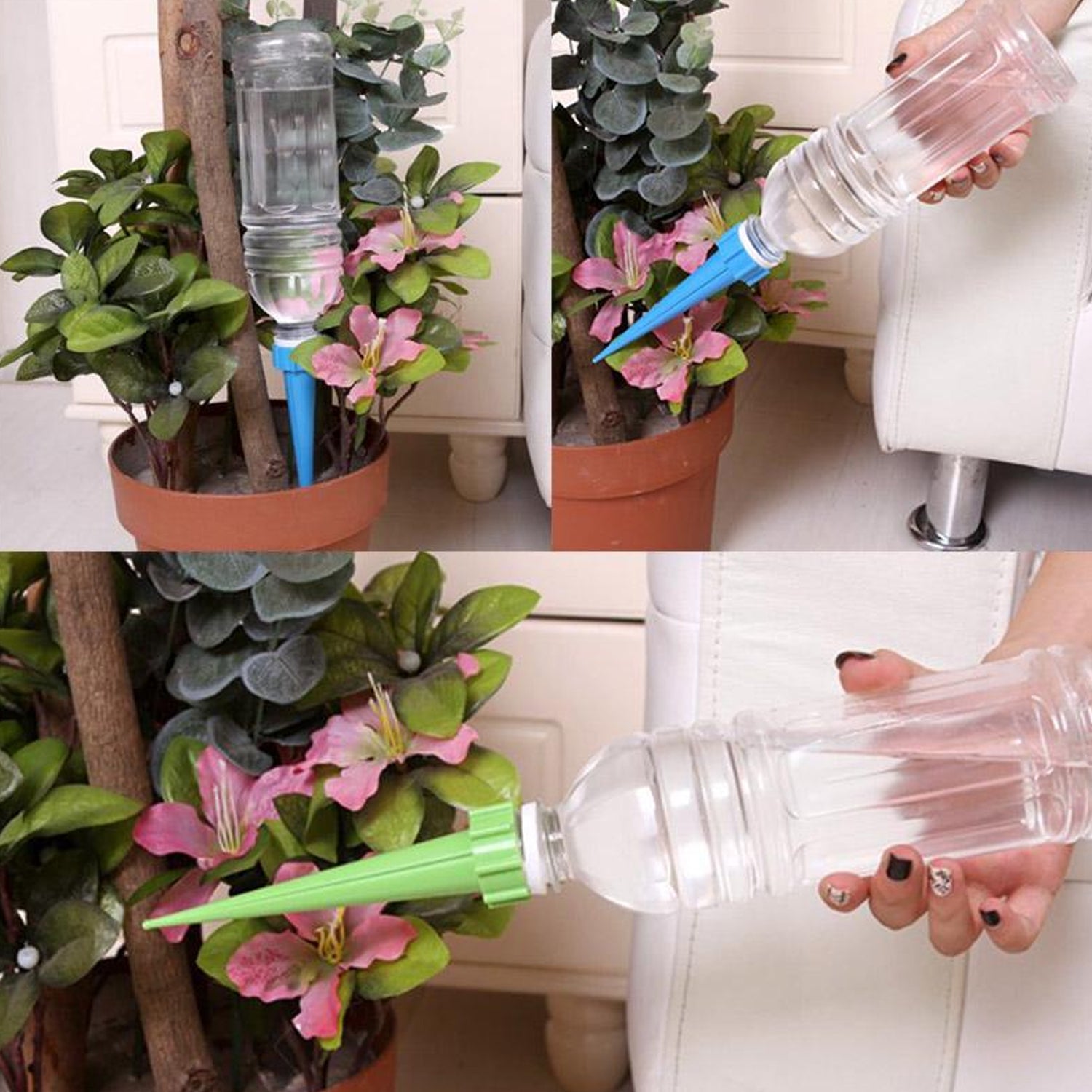 drip irrigation spikes with adjustable valve, automatic plant waterer bottle spike set