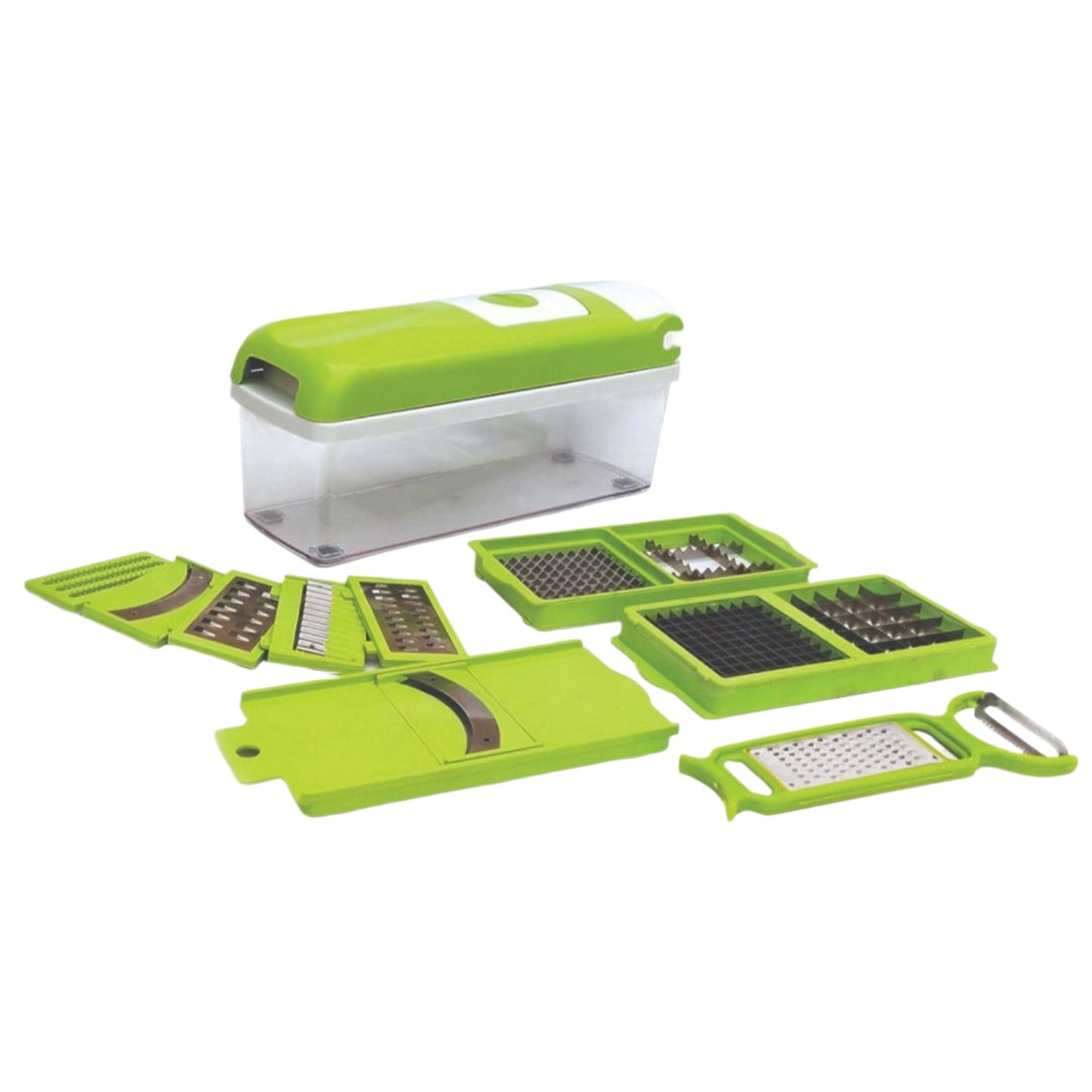 Plastic 13-in-1 manual vegetable grater and slicer. vegetable chopper, 13 in 1 chopper, multipurpose cutter, fruit slicer, kitchen grater, vegetable slicer set, kitchen tools combo, plastic chopper with container, stainless steel vegetable cutter, fruit chopper