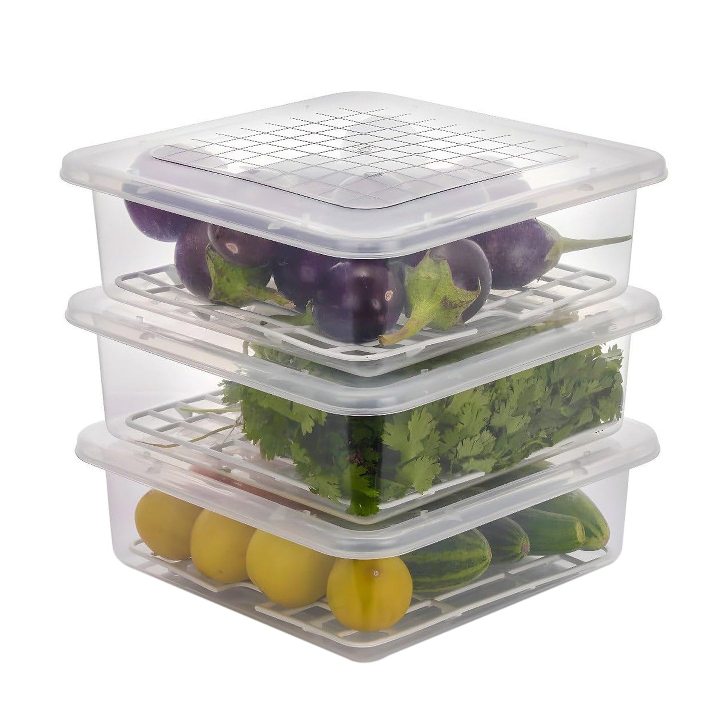 airtight plastic containers for fridge use, food organizer boxes for kitchen India, fridge storage box with water drain feature, 