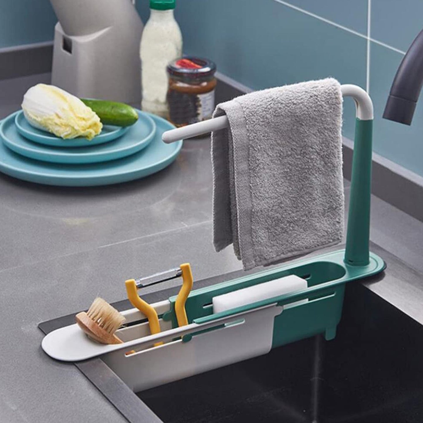 expandable kitchen rack, sink organizer shelf, drying basket for sink, plastic sink shelf, dishwashing rack, multipurpose sink caddy, kitchen storage rack