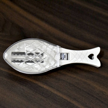 Fish scale scraper tool for easy fish cleaning. fish scale scraper tool, fish descaler with lid, kitchen fish cleaning tool, fish scale remover scraper, plastic fish scaler, fish skin peeler, fish scale collector