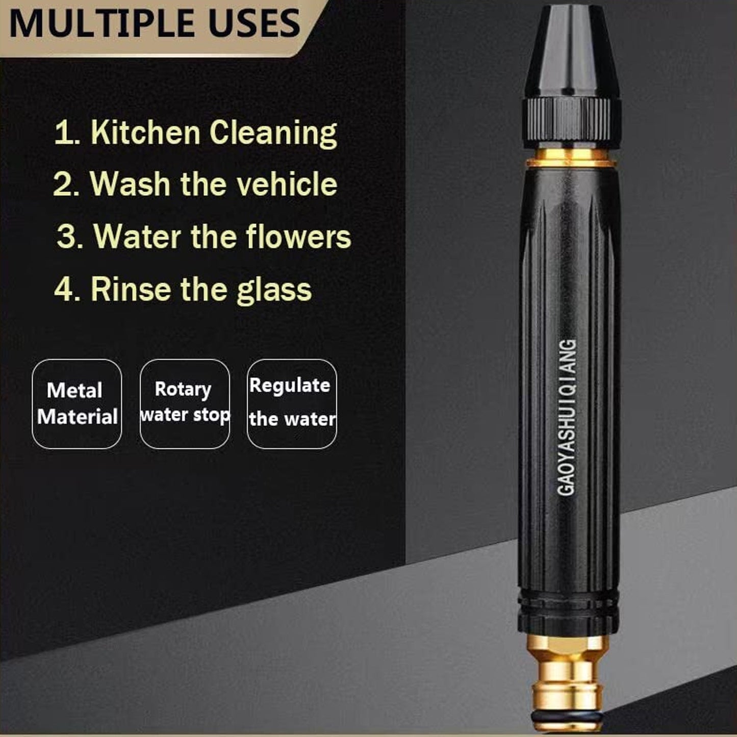Close-up of the water gun nozzle connection. high pressure water gun, car wash spray gun, metal nozzle, garden water spray, adjustable spray gun, outdoor cleaning tool, heavy duty nozzle