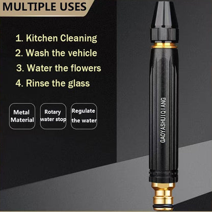 Close-up of the water gun nozzle connection. high pressure water gun, car wash spray gun, metal nozzle, garden water spray, adjustable spray gun, outdoor cleaning tool, heavy duty nozzle