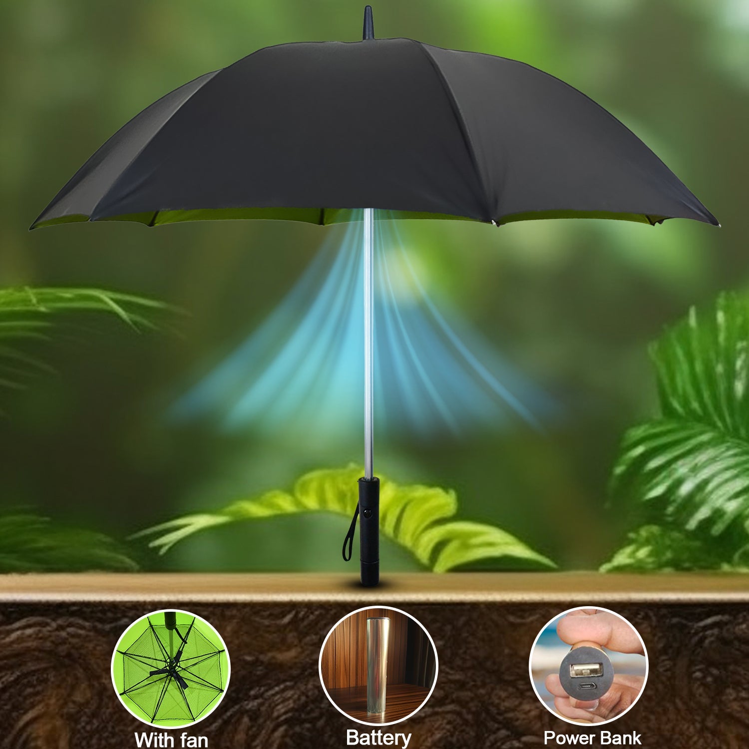 usb-powered sun umbrella with built-in fan and power bank, cooling umbrella with USB power bank and fan, sun umbrella with fan & uv protection handle,