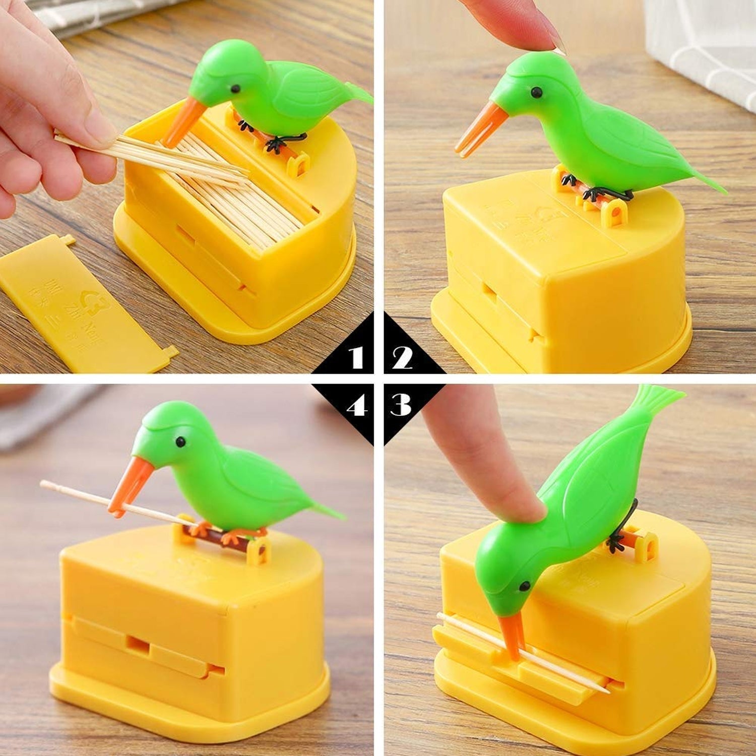 bird design toothpick holder, press type toothpick dispenser, smart toothpick box, portable toothpick storage, ABS toothpick container, kitchen toothpick holder