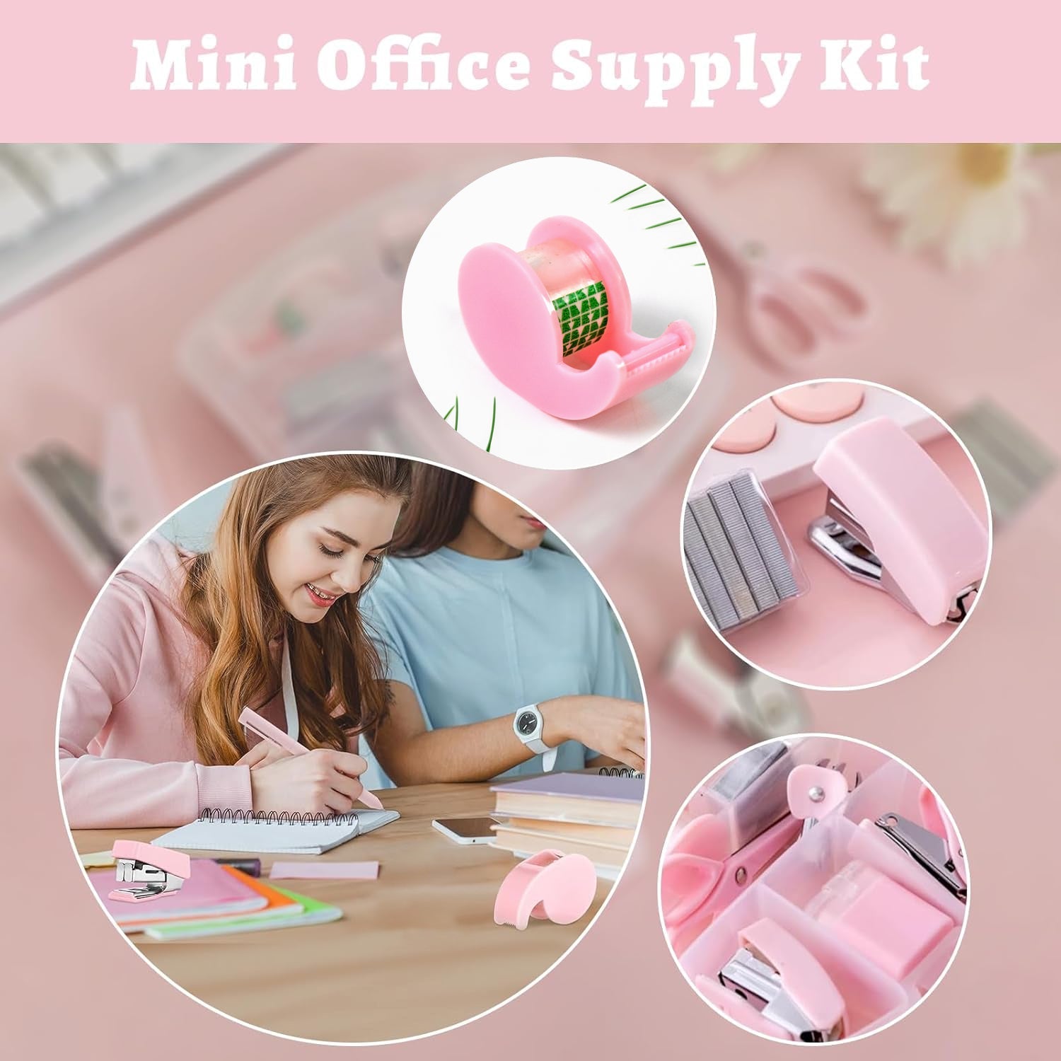 mini stationery set, compact office kit, stapler and scissors set, portable office tools, travel office stationery, tape dispenser mini, bottle pack stationery