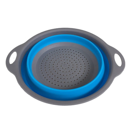 foldable silicone strainer, round kitchen strainer, portable colander, collapsible strainer, silicone fruit washer, vegetable rinser, compact kitchen tool