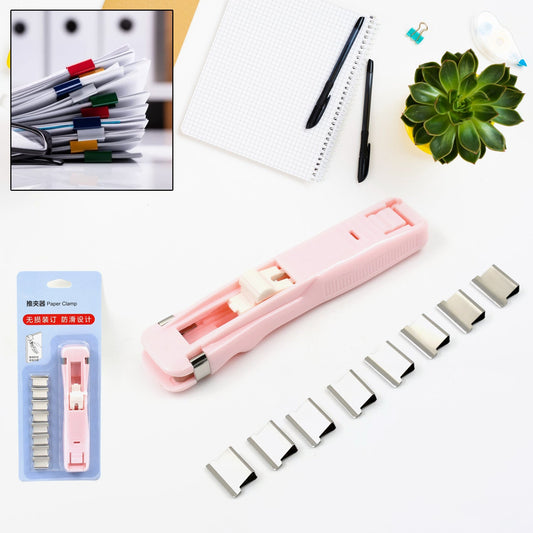portable paper clamp with 8 clips, handheld paper fastener tool set, ergonomic clip dispenser for office, school home paper organizer, compact document binder tool

