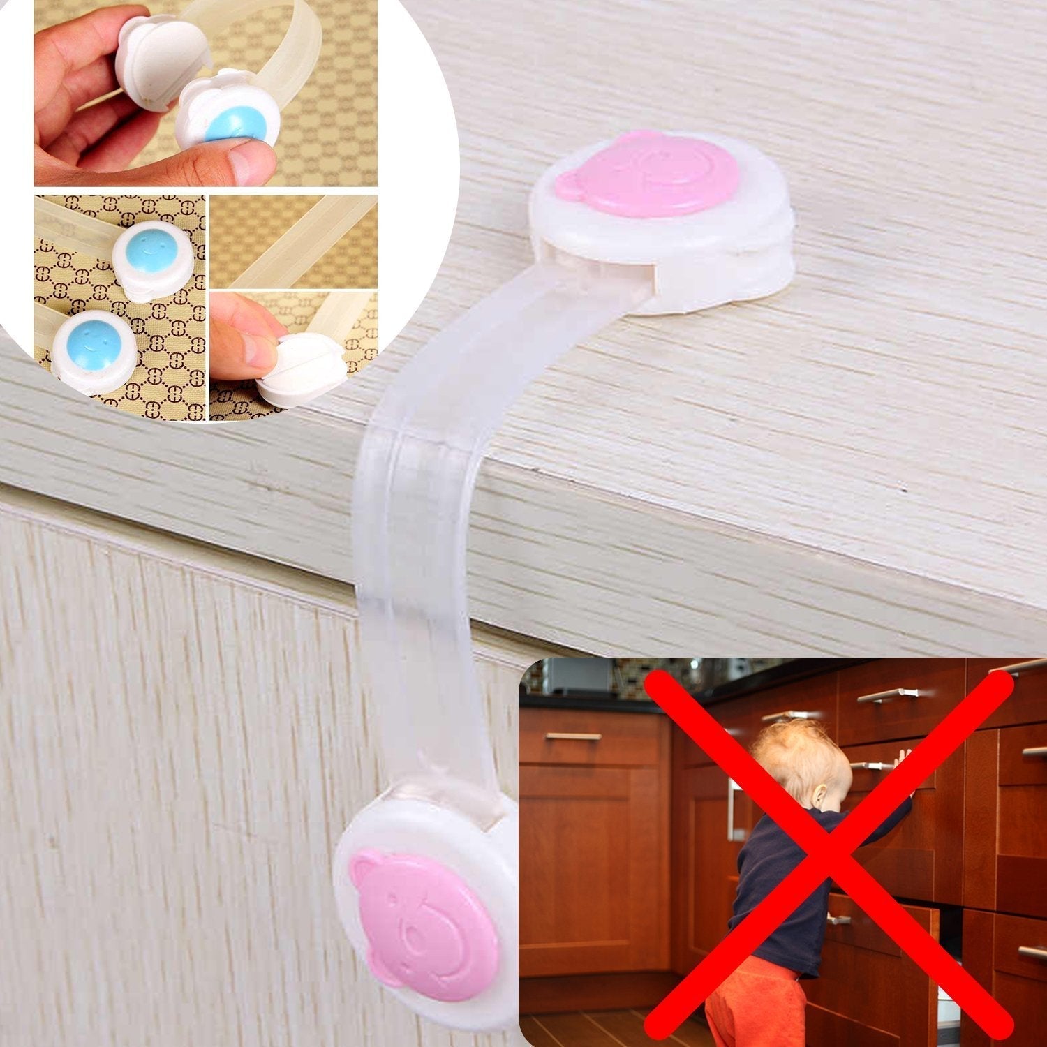 Child safety strap lock, easy installation, 1 piece. baby safety locks, child proof cabinet locks, drawer safety strap, fridge baby lock, toilet baby lock, baby proof home, 3M adhesive safety lock