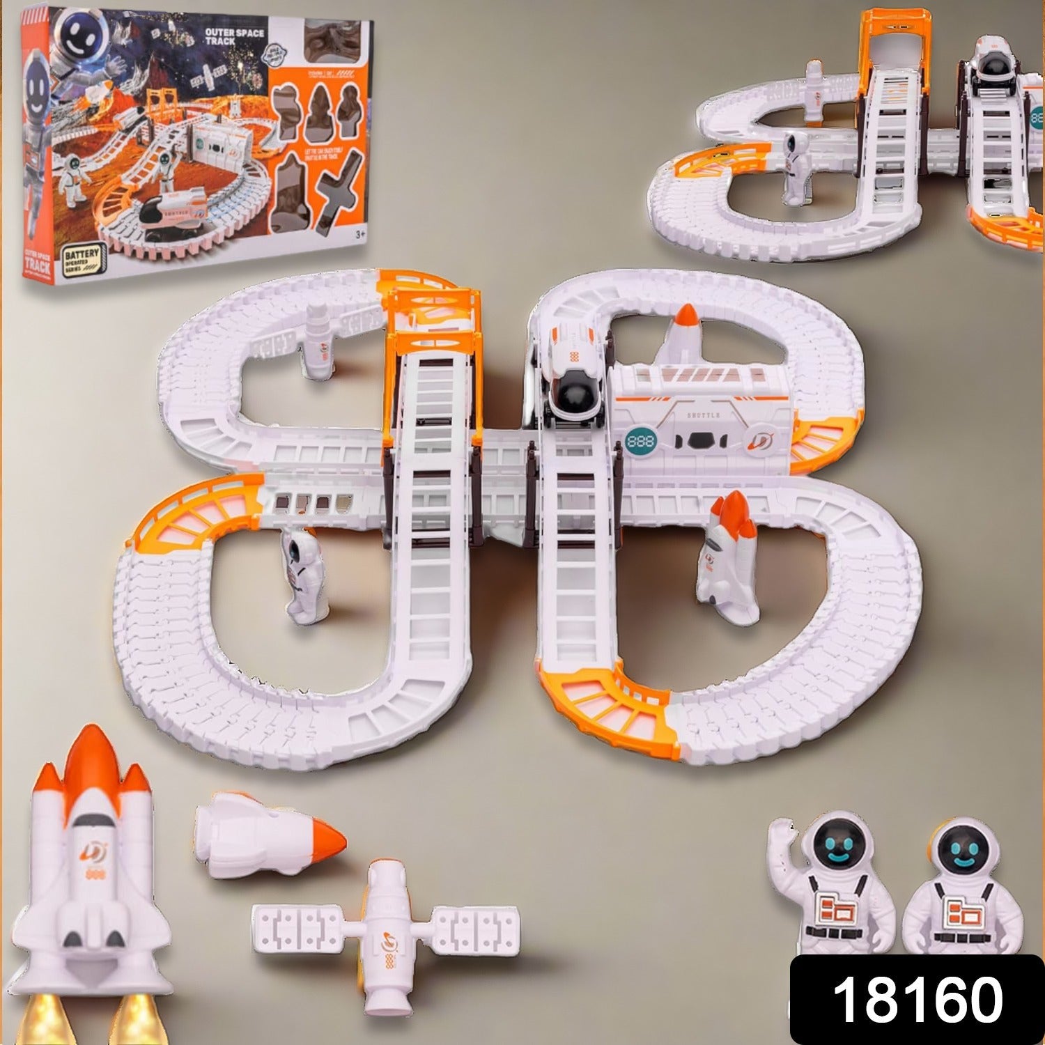 outer space race track toy set, battery operated shuttle toy with astronauts, space-themed race track for kids, astronaut figures and space shuttle playset,
