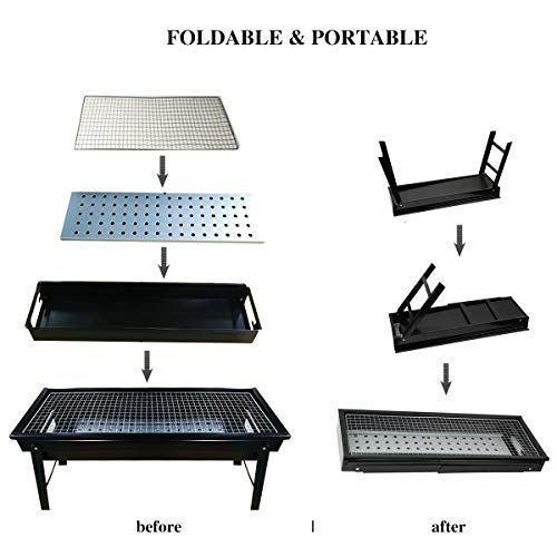 Portable BBQ grill with foldable design and carrying handle. portable charcoal grill, foldable BBQ grill, outdoor barbecue grill, camping grill, travel BBQ grill, garden charcoal stove, picnic BBQ setup
