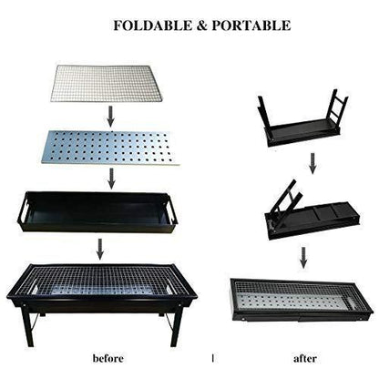 Portable BBQ grill with foldable design and carrying handle. portable charcoal grill, foldable BBQ grill, outdoor barbecue grill, camping grill, travel BBQ grill, garden charcoal stove, picnic BBQ setup
