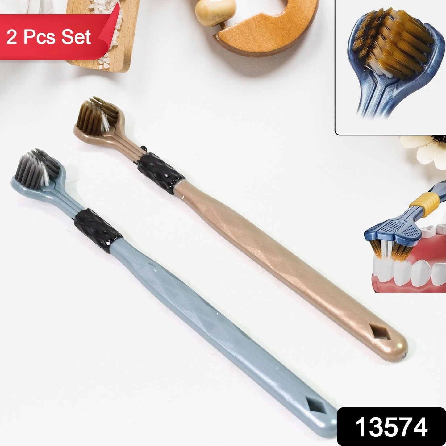ergonomic toothbrush for deep plaque removal, 3-way toothbrush head for dental care, innovative toothbrush for gentle gum massage, toothbrush for braces and orthodontic care, 3-headed toothbrush for kids and adults, triple brush head toothbrush with soft bristles
