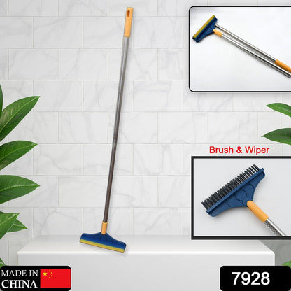 Long handle cleaning brush with rotatable wiper for bathroom and kitchen, floor cleaning brush, cleaning brush with wiper, long handle scrubber, 2 in 1 bathroom brush, kitchen floor wiper, triangular cleaning brush, home cleaning tools