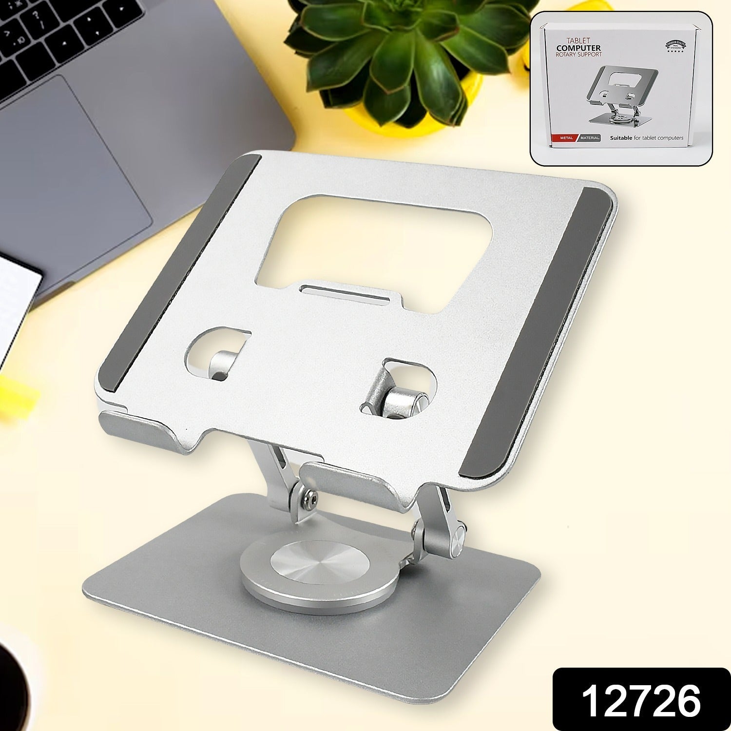 metal tablet stand for office and study, ergonomic tablet stand with adjustable angles, portable foldable tablet desk stand, sleek aluminum tablet holder with 360° rotation
