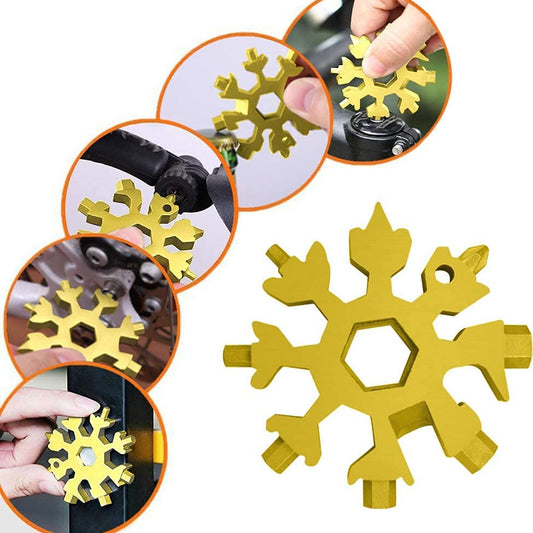 18 in 1 stainless steel snowflake multi-tool, snowflake keychain tool with wrench and bottle opener, compact EDC multi-tool in snowflake design, keyring multi-tool for travel and DIY, stainless steel mini multi-tool for men, snowflake shaped pocket tool with screwdriver and opener, portable snowflake keychain gadget, multi-functional keychain tool for outdoor and home use


