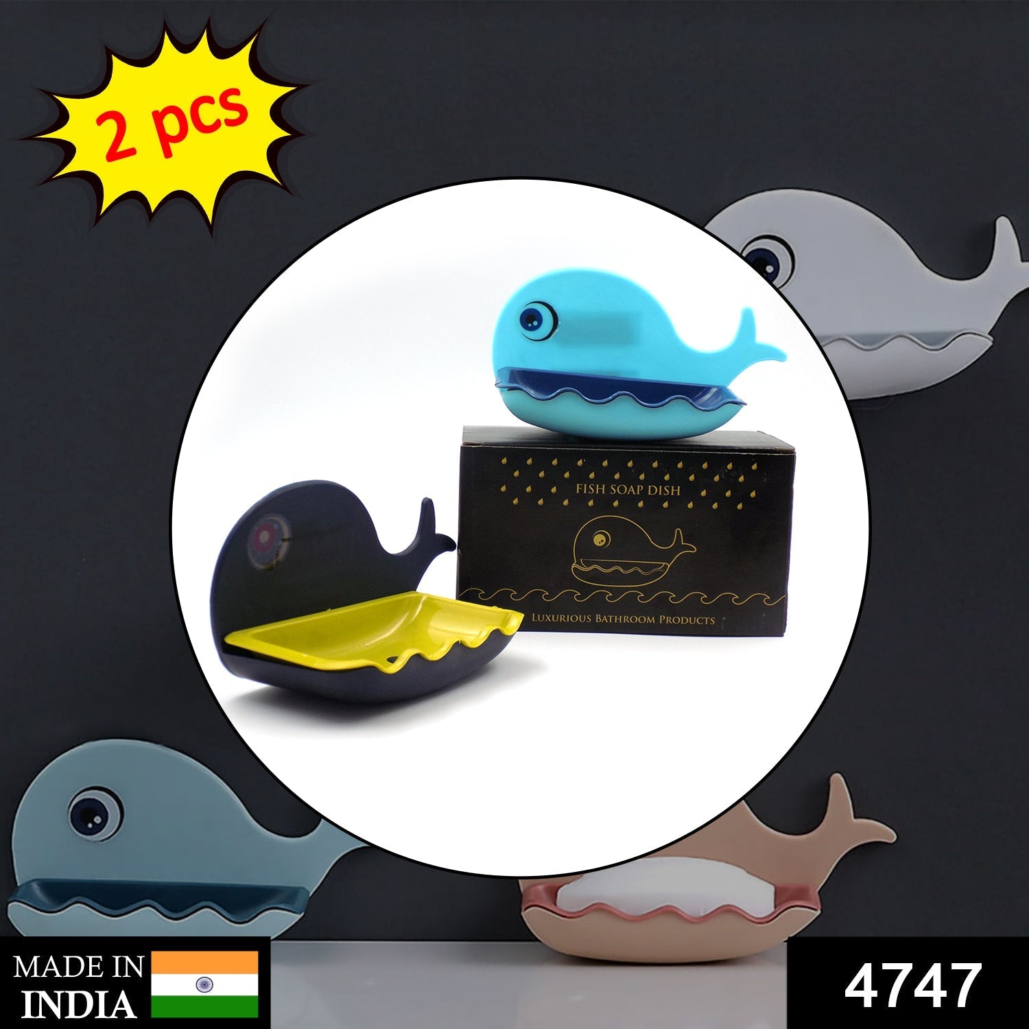 fish-shaped soap dish, showing adhesive backing for wall mounting and waterproof design, plastic soap dish, wall mounted soap case, fish design soap stand, bathroom soap holder, kitchen soap tray, self drain soap case, waterproof soap box