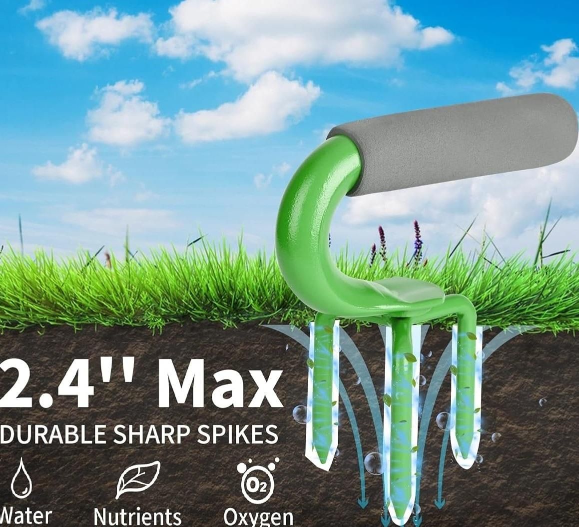 Green lawn aeration tool with text on grass and soil background, 2.4 inch spike soil aerator positioned for lawn seeding and soil turning with ergonomic grip