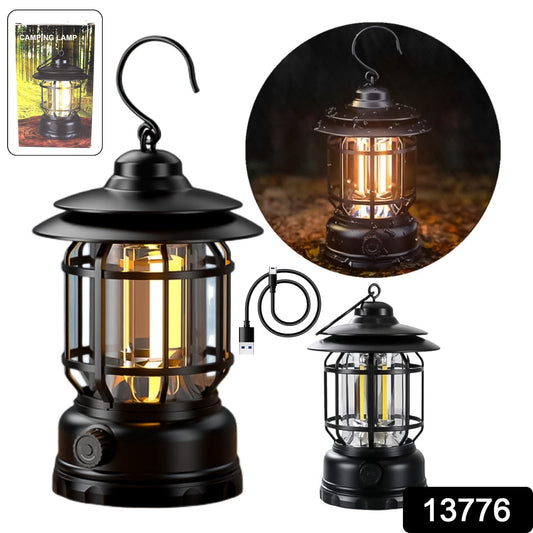 retro LED camping lantern with handle, rechargeable Type-C camping lamp, vintage style LED lantern for outdoor use, USB camping light with battery backup