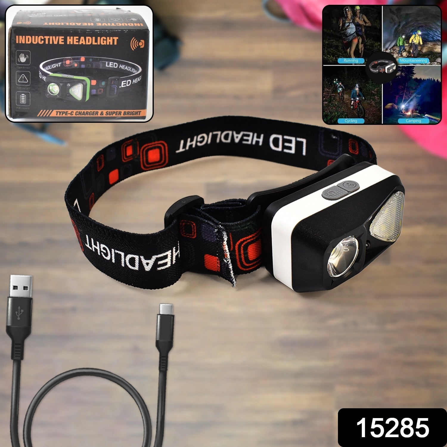 hands-free LED headlamp for camping and hiking, USB headlamp for biking and working in dark, adjustable headlamp with bright LED beam, waterproof head-mounted torch for outdoor activities, rechargeable USB headlamp with long battery life