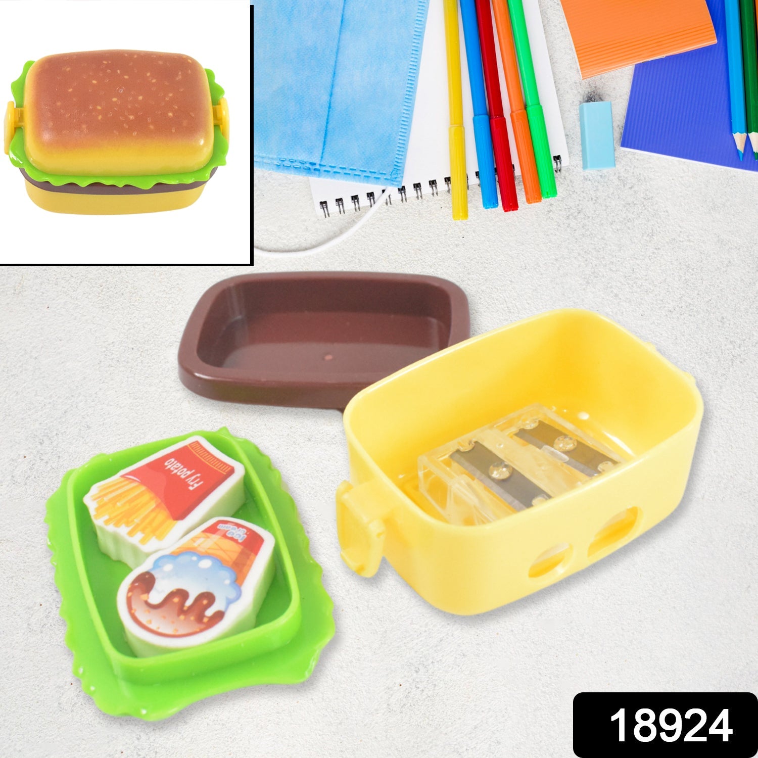 colorful double hole pencil sharpener with eraser, cartoon sharpener set for students, novelty burger-shaped sharpener for children, compact kids sharpener with eraser inside, plastic pencil sharpener with fun design for kids

