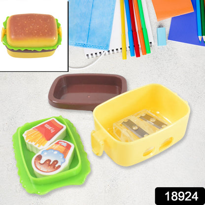 colorful double hole pencil sharpener with eraser, cartoon sharpener set for students, novelty burger-shaped sharpener for children, compact kids sharpener with eraser inside, plastic pencil sharpener with fun design for kids

