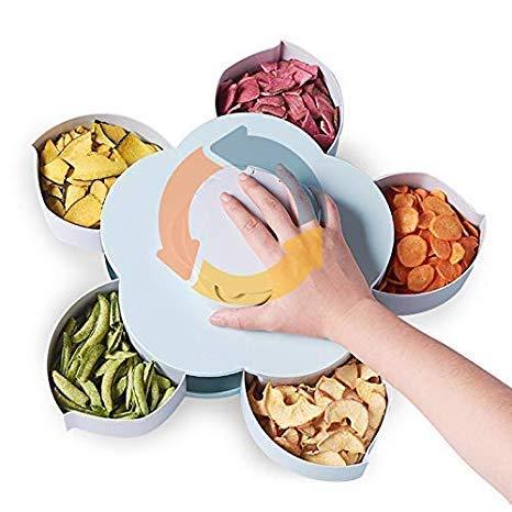 Stylish smart candy box with compartments. smart candy box, rotating snack box, dry fruit storage container, 5-grid candy organizer, petal-shaped snack box, ABS snack box, twist open candy box