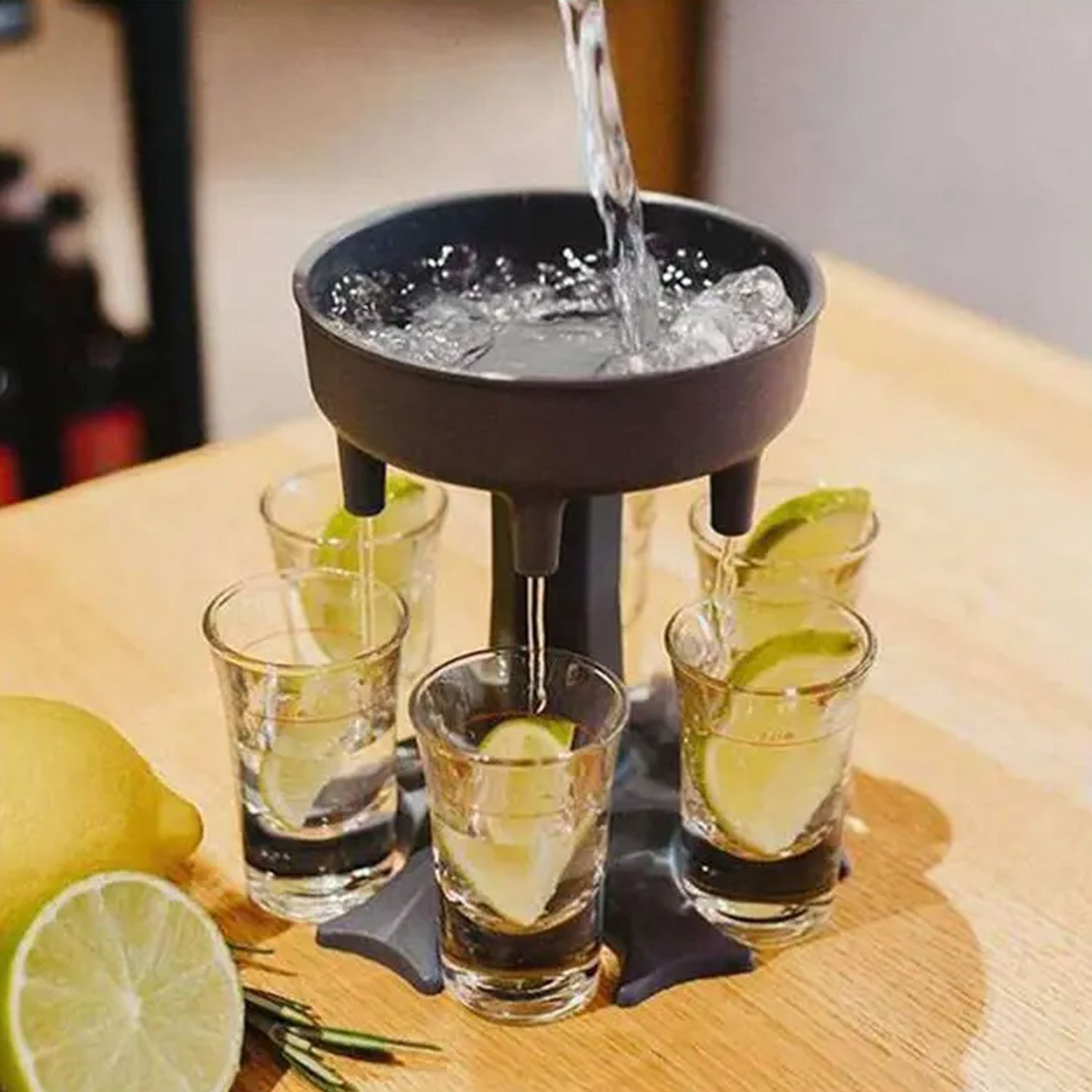 Party shot glass set with tray, includes 6 dispensers. shot glass dispenser, 6 shot pourer, liquor dispenser tray, drink dispenser for parties, home bar tool, cocktail dispenser, beer shot holder